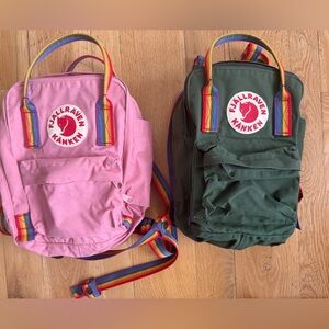 Pair of Fjallraven Kanken Kids Rainbow Backpacks - Pink and Green